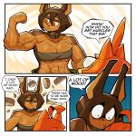  1:1 2021 abs absurd_res anthro bandeau biceps breasts canid canine canis ceehaz cleavage clothed clothing collar comic dobermann dog_knight_rpg domestic_dog duo english_text female flexing hi_res maci_(ceehaz) mammal muscular muscular_anthro muscular_arms muscular_female pawpads pinscher pomeranian rory_(ceehaz) spitz text topwear under_boob veiny_arms wide_eyed wood 