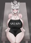  apron apron_only big_breasts breasts cleavage clothed clothing female helltaker hi_res horn horned_humanoid huge_breasts humanoid lucifer_(helltaker) mostly_nude not_furry owner_(artist) red_eyes solo text text_on_apron text_on_clothing 