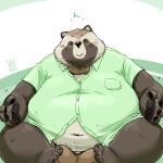  1:1 2016 anthro balls belly big_balls blush brown_body brown_fur canid canine clothing eyes_closed fur genitals kemono male mammal navel overweight overweight_male raccoon_dog shirt simple_background solo tanuki topwear totemoii_029 