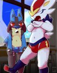  anthro blue_body blue_fur blush bodily_fluids bulge cinderace clothing duo footwear fur hi_res jitsuwa_moeru53 looking_at_bulge lucario male male/male navel nintendo pok&eacute;mon pok&eacute;mon_(species) socks sweat underwear undressing video_games white_body white_fur 