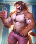  2021 abs absurd_res anthro beard biceps brown_body brown_fur brown_hair bulge chest_tuft claws clothing cup eyes_closed facial_hair fangs felid finger_claws fur hair hi_res holding_cup holding_object inside male mammal morning muscular muscular_anthro muscular_male nipples open_mouth pecs physen portrait pubes quads sharp_teeth solo spots spotted_body spotted_fur steam tail_tuft teeth three-quarter_portrait tired tongue triceps tuft underwear yawn 