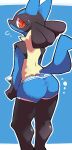  anthro blue_body blue_fur butt clothing embarrassed fur hi_res jitsuwa_moeru53 looking_at_viewer looking_back lucario male nintendo pok&eacute;mon pok&eacute;mon_(species) solo underwear video_games 