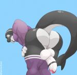  absurd_res anthro balls big_butt black_body blue_background butt cetacean clothing delphinoid genitals hi_res humanoid_genitalia humanoid_penis legwear looking_back male mammal marine oceanic_dolphin orca penis presenting presenting_hindquarters purple_clothing rear_view shirt simple_background solo thigh_highs toothed_whale topwear tylerstark 