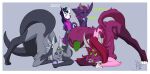  3_eyes absurd_res anthro breasts canid canine demon duo_focus ear_piercing ear_ring felid female fur group hi_res horn jack-o&#039;_pose kyu-maru latina male mammal meme multi_eye nude piercing pink_body pink_fur pose purple_body purple_fur white_body white_fur zeiine_wrong 