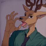  10co 1:1 2021 5_fingers anthro antlers beastars black_nose brown_eyes cervid cervine clothed clothing ear_tuft fingers gesture horn louis_(beastars) male mammal necktie open_mouth red_deer signature solo suggestive suggestive_gesture tongue tongue_out tuft 