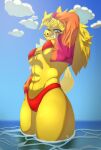 anthro bikini blue_eyes breasts clothed clothing fangs female fur hair hi_res hibris jacket jewelry long_hair mammal partially_clothed short_tail solo suid suina sus_(pig) swimwear topwear water wild_boar yellow_body yellow_fur 