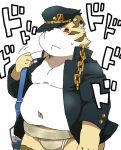  anthro belly blush clothed clothing felid hat headgear headwear humanoid_hands japanese_text jojo&#039;s_bizarre_adventure jotaro_kujo kemono male mammal moobs navel nikiciy overweight overweight_male pantherine solo text tiger young 