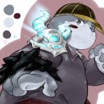  1:1 2013 anthro belly biped canid canine clothed clothing fur grey_body grey_fur hat headgear headwear hinami humanoid_hands kemono mammal overweight popori simple_background solo tera_online video_games 