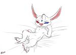  2020 alien bedding bedding_background blue_eyes claws disney draw_me_like_one_of_your_french_girls empty_eyes experiment_(lilo_and_stitch) fan_character fate_(zafara) female flat_chested forehead_gem fur genitals head_tuft heterochromia lilo_and_stitch lying meme on_back pawpads pink_nose pink_pawpads pussy red_eyes simple_background smile smirk solo toe_claws tuft white_background white_body white_fur zafara_(artist) 