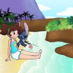  1:1 4_fingers 5_fingers alien ambiguous_gender barefoot beach blue_body blue_claws blue_clothing blue_eyes blue_fur blue_nose blue_swimwear brown_eyes brown_hair chest_tuft claws clothing day digital_drawing_(artwork) digital_media_(artwork) disney duo experiment_(lilo_and_stitch) feet female fingers fur hair head_tuft hi_res human leaf lilo_and_stitch long_ears male_(lore) mammal mountain navel notched_ear outside palm_tree plant salty_nebula seashell seaside shell shirt sitting smile stitch! stitch_(lilo_and_stitch) swimwear tank_top tongue tongue_out topwear tree tropical tuft water yuna_kamihara 