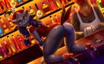  absurd_res alcohol anthro bartender beverage blaziken butt butt_tattoo camel_toe clothed clothing detailed_background duo female furniture goatesque hair hi_res high_heels neon_lights nintendo pok&eacute;mon pok&eacute;mon_(species) purple_body purple_hair red_clothing skimpy table tattoo video_games weavile 