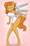  2019 anthro big_breasts blonde_hair breasts bristol_hawke clothing cutie_mark cybernetic_wing cybernetics digital_media_(artwork) dress equid equine eyelashes fan_character feet female fingers fur green_eyes hair hasbro hi_res horse looking_at_viewer machine mammal multicolored_hair my_little_pony one_eye_closed orange_body orange_fur orange_hair pony sandwich-anomaly short_dress simple_background smile solo teeth toes wink 