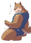  2015 anthro ayame42612 blush brown_body butt canid canine canis clothed clothing domestic_dog humanoid_hands japanese_text kemono male mammal overweight overweight_anthro overweight_male simple_background solo text white_background 