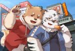  2021 anthro blush brown_body brown_fur clothing detailed_background duo eyewear felid fur glasses hi_res hoodie humanoid_hands kemono male male/male mammal morian_xs outside overweight overweight_male pantherine tiger topwear white_body white_fur 