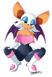  anthro bare_shoulders bedroom_eyes boots breasts chiropteran cleavage clothed clothing crouching female footwear hands_on_legs hi_res lipstick looking_at_viewer makeup mammal narrowed_eyes rouge_the_bat seductive sega shumpy solo sonic_the_hedgehog_(series) 