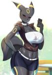 anthro big_breasts breasts cellphone cleavage clothed clothing eeveelution female fur hi_res holding_object holding_phone multicolored_body multicolored_fur nintendo phone pok&eacute;mon pok&eacute;mon_(species) sana!rpg solo two_tone_body two_tone_fur umbreon video_games 