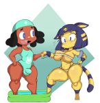  animal_crossing ankha_(animal_crossing) anthro bandage big_breasts black_hair blue_eyes blue_hair blush breasts brown_body brown_skin bulge cleavage clothed clothing domestic_cat dreadlocks duo felid feline felis female floatie girly hair hi_res human kiddie_pool male mammal nintendo one-piece_swimsuit partially_submerged purple_yoshi_draws simple_background swimwear thick_thighs under_boob video_games villager_(animal_crossing) white_background wide_eyed wide_hips yellow_body 