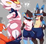  ?! anthro anthrofied assisted_exposure black_body black_fur blue_body blue_eyes blue_fur blush butt charmeleon cinderace clothed clothing embarrassed erection erection_under_clothing fur genitals group hi_res humanoid_genitalia humanoid_penis jitsuwa_moeru53 lucario luxray male male/male motion_lines nintendo open_mouth orange_body pants_down pantsing partially_clothed penis pok&eacute;mon pok&eacute;mon_(species) red_eyes red_sclera spikes spikes_(anatomy) tenting video_games white_body white_fur yellow_eyes 