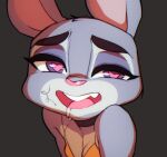  &lt;3 &lt;3_eyes anthro bodily_fluids bra clothing collar disney doxy female grey_background grey_body judy_hopps lagomorph leporid looking_at_viewer mammal purple_eyes rabbit saliva saliva_string simple_background slim solo underwear zootopia 