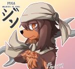  anthro bandanna basset_hound brown_body brown_fur canid canine caninu canis cyberconnect2 domestic_dog fuga:_melodies_of_steel fur hunting_dog japanese_text jin_macchiato kasutamaizurio kerchief little_tail_bronx looking_at_viewer male mammal scarf scent_hound solo text video_games 