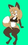  anonymous_artist anthro averi_(fiddleafox) black_bra black_clothing black_panties black_underwear bra breasts brown_body brown_fur brown_hair canid canine cleavage clothed clothing cute_fangs dipstick_tail female fox fur green_eyes hair hi_res looking_at_viewer mammal multicolored_tail panties sitting solo underwear underwear_only wide_hips 