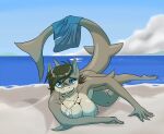  2014 anthro beach blue_eyes breasts brown_body brown_hair clothing cloud day female fish hair implied_transformation looking_at_viewer marine membrane_(anatomy) nipples oter outside seaside shark sharp_teeth smile solo swimming_trunks swimwear teeth water webbed_hands 