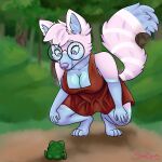  1:1 ailurid amphibian anthro bending_down big_breasts breasts clothed clothing dress female frog mammal outside pastel red_panda shamefulsuccubus simple_background solo 