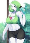  big_breasts breasts cleavage clothed clothing female gardevoir green_hair hair hi_res midriff navel nintendo not_furry pok&eacute;mon pok&eacute;mon_(species) sana!rpg solo swear video_games white_body 