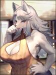  5_fingers 5_toes absurd_res anthro big_breasts blue_eyes blush boob_window breasts canid canine canis clothed clothing collarbone feet female fingers fur hair hi_res kemono looking_at_viewer mammal mature_female ro smile smiling_at_viewer solo toes tongue tongue_out wolf 