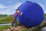  ambiguous_gender anthro blue_body blue_fur blueberry_inflation bridge canid canine clothed clothing cloud detailed_background duo felid fur grass hi_res hill hyper_inflation inflation lemurlemurovich lying male mammal morbidly_obese morbidly_obese_anthro obese obese_anthro on_side open_mouth open_smile orange_body orange_fur outside overweight overweight_anthro pantherine plant river rolling smile spherical_inflation straining_buttons striped_body striped_fur stripes tiger walking water 