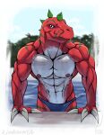  abs anthro bandai_namco claws clothing digimon digimon_(species) dinosaur hi_res iudicium86 male muscular nipples outside reptile scalie sky solo swimming_pool swimwear theropod tyrannomon tyrannosaurid tyrannosaurus tyrannosaurus_rex water wet 