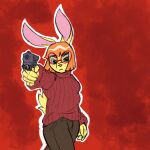  1:1 abstract_background anthro dynamitegrizzly_(artist) eyewear female glasses gun handgun lagomorph leporid lumiere_pipkin mammal pistol rabbit ranged_weapon solo weapon 