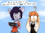 2019 anthro becca_(sandwich-anomaly) big_breasts bodily_fluids breasts buckteeth canid canine cleavage clothed clothing detailed_background dialogue digital_media_(artwork) duo english_text eyelashes eyewear female fingers fox fur glasses grey_body grey_fur hair highlights_(coloring) lagomorph leporid maid_uniform mammal multicolored_body multicolored_fur multicolored_hair nintendo nintendo_switch orange_hair outside purple_eyes purple_hair purple_highlights rabbit sandwich-anomaly shirt standing sweat tan_body tan_fur tank_top teeth text topwear uniform victoria_(sandwich-anomaly) video_games yellow_eyes 