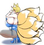  9_tails animal_humanoid big_breasts big_tail biped blonde_hair blue_clothing blue_footwear blue_shoes blue_topwear blush breasts butt canid canid_humanoid canine canine_humanoid clothed clothing crouching digital_media_(artwork) dipstick_tail female fluffy fluffy_tail footwear fox_humanoid fully_clothed fur hair high_heels huge_breasts humanoid humanoid_hands inner_ear_fluff legwear leotard light_body light_skin looking_at_viewer looking_back looking_back_at_viewer mammal mammal_humanoid monotone_hair multi_tail multicolored_body multicolored_fur multicolored_tail open_mouth pose ran_yakumo rear_view shirt_cuffs shoes short_hair side_boob simple_background solo stockings three-quarter_view topwear touhou tuft two_tone_body two_tone_fur two_tone_tail video_games white_background white_body white_fur white_inner_ear_fluff wildcatf14 yellow_body yellow_eyes yellow_fur yellow_inner_ear 