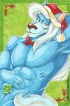  2010 5_fingers abs animaniacs anthro bedroom_eyes biceps blue_body blue_fur bow_tie canid canine canis christmas christmas_clothing christmas_headwear clothing fingers fur furrowed_brow green_background hair half-closed_eyes hat headgear headwear holidays kissy_face kissy_lips long_hair looking_at_viewer male mammal mistletoe muscular muscular_anthro muscular_male narrowed_eyes navel nippleless nude pecs pinup plant pose raised_tail ribs santa_hat seductive sexy_eyes shenanigan simple_background solo waist_up warner_brothers were werecanid werecanine werewolf white_hair white_tail wilford_wolf wolf wolf_tail 