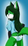  2019 anthro big_breasts big_butt blue_eyes breasts butt canid canine clothing curvy_figure digital_media_(artwork) ear_piercing eyelashes female fennec fox fur green_body green_fur green_hair hair hi_res huge_breasts inner_ear_fluff jade_(icirculate-sound) long_hair looking_at_viewer looking_back mammal multicolored_body multicolored_fur panties piercing rear_view sandwich-anomaly simple_background solo standing thick_thighs tuft underwear voluptuous white_body white_fur wide_hips 