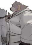 2021 anthro anthro_on_anthro bulge canid canine canis clothing collar domestic_dog duo facial_hair humanoid_hands kemono leash male male/male mammal motogen overweight overweight_male robe simple_background slave underwear ursid white_back white_background 