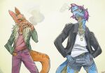  anthro blue_body bottomwear clothed clothing dragon duo fangs female hair horn invalid_tag jacket kobold male male/female multicolored_body orange_body pink_hair reptile scalie scar shilensis shorts smoke_from_nose smoking topwear two_tone_body vivian_(trash_kobold) 