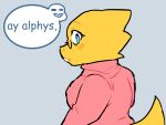  4:3 advenit alphys animated_skeleton anthro anthro_focus blue_eyes blush blush_stickers bone breasts buckteeth clothed clothing dialogue duo english_text eyewear female female_focus fully_clothed glasses grin lizard looking_at_viewer looking_back looking_back_at_viewer non-mammal_breasts rear_view reptile sans_(undertale) scales scalie simple_background skeleton smile solo_focus speech_bubble teeth text thick_tail turtleneck undead undertale video_games yellow_body yellow_scales 