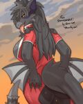  2021 4:5 absurd_res anthro azi_4081 big_breasts black_body black_fur black_sclera breasts butt capcom claws clothed clothing digital_media_(artwork) dragon female flying_wyvern fur hair hi_res long_hair looking_at_viewer membrane_(anatomy) membranous_wings monster_hunter nargacuga open_mouth orange_eyes portrait rubber rubber_suit simple_background smile solo sunset text three-quarter_portrait tight_clothing tongue tongue_out video_games wings 