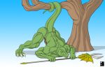  2021 absurd_res agamid_drakarum anthro back_muscles butt digital_media_(artwork) gradient_background hi_res holding_melee_weapon jack-o&#039;_pose kevindragon lizardman long_tail male mostly_nude muscular muscular_anthro muscular_arms muscular_legs muscular_male plant pose reptile scalie simple_background solo tree 
