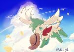  2017 ambiguous_gender cloud day detailed_background feral fur green_body green_fur legendary_pok&eacute;mon looking_at_viewer mouth_hold neveyk nintendo outside pok&eacute;mon pok&eacute;mon_(species) shaymin signature sky sky_forme_shaymin solo video_games white_body white_fur 