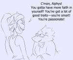  alphys anthro blush bodily_fluids buckteeth clothed clothing coat dialogue duo english_text eyes_closed eyewear female fin fish fully_clothed glasses hair head_fin lab_coat lizard marine monochrome open_mouth open_smile ponytail reptile scalie sharp_teeth shirt simple_background smile susiebeeca sweat tank_top teeth text tied_hair topwear undertale undyne video_games 