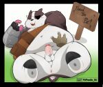  2021 96panda anthro anus badger badgerclops balls belly belly_rub black_nose blush butt cartoon_network dessert doughnut erection eye_patch eyes_closed eyewear food genitals hi_res humanoid_hands kemono male mammal mao_mao:_heroes_of_pure_heart mustelid musteline overweight overweight_male penis solo_focus white_body 