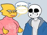  4:3 advenit alphys animated_skeleton annoyed anthro blue_eyes blush blush_stickers bone breasts buckteeth clothed clothing dialogue duo empty_eyes english_text female front_view fully_clothed grin humor lizard male narrowed_eyes non-mammal_breasts open_mouth pun reptile sans_(undertale) scales scalie simple_background skeleton smile speech_bubble teeth text three-quarter_view turtleneck undead undertale video_games white_body yellow_body yellow_scales 