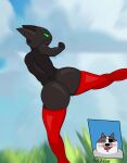  action_pose anthro badger badgerclops big_butt blush bodily_fluids butt cartoon_network clothing determined domestic_cat drooling felid feline felis frown hi_res kick legwear male mammal mao_mao:_heroes_of_pure_heart mostly_nude mustelid musteline pose redxelxet saliva sheriff_mao_mao_mao smile solo solo_focus stockings thigh_highs 