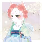  1:1 2021 :&lt; abstract_background absurd_res accessory ambiguous_gender anthro asian_clothing biped black_eyes blue_clothing clothed clothing daikon_(artist) domestic_cat east_asian_clothing felid feline felis flower flower_crown flower_in_hair fully_clothed fur hair hair_accessory hi_res japanese_clothing kemono kimono li_bing_(white_cat_legend) male_(lore) mammal monotone_body monotone_fur obi obijime pink_inner_ear pink_nose plant solo standing whiskers white_body white_cat_legend white_fur yellow_sclera 