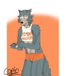  anthro beastars blush bulge canid canine canis claws clothed clothing copinlighter femboy_hooters hi_res legoshi_(beastars) male mammal nervous pencil_(object) solo standing wolf 