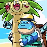  1:1 2021 alolan_exeggutor beach blastoise clothing duo elemental_creature fedora feral flora_fauna hat headgear headwear hi_res hiding juan_gabriel lolo_aburto male nintendo open_mouth outside parody plant pok&eacute;mon pok&eacute;mon_(species) regional_form_(pok&eacute;mon) sea seaside signature video_games water 