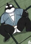  2021 anthro anus asian_clothing black_body blush bulge cetacean clothed clothing delphinoid east_asian_clothing fin fundoshi head_fin hi_res japanese_clothing kemono lying male mammal marine oceanic_dolphin orca overweight overweight_male pol6473 solo toothed_whale underwear white_body white_clothing white_fundoshi white_underwear 